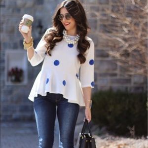 Zara peplum white and blue polka dot peplum top